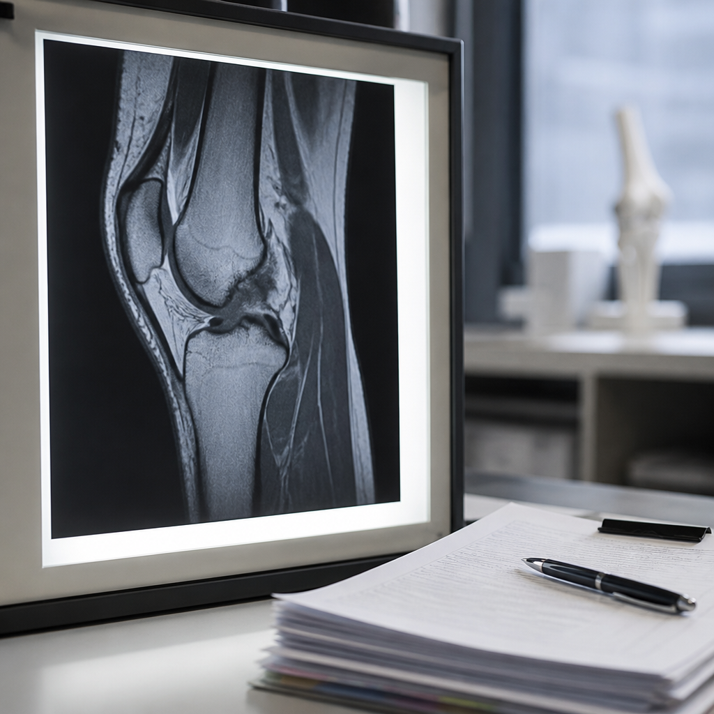 צילום MRI של ברך עם קרע במניסקוס לצד מסמכי תביעה לביטוח לאומי