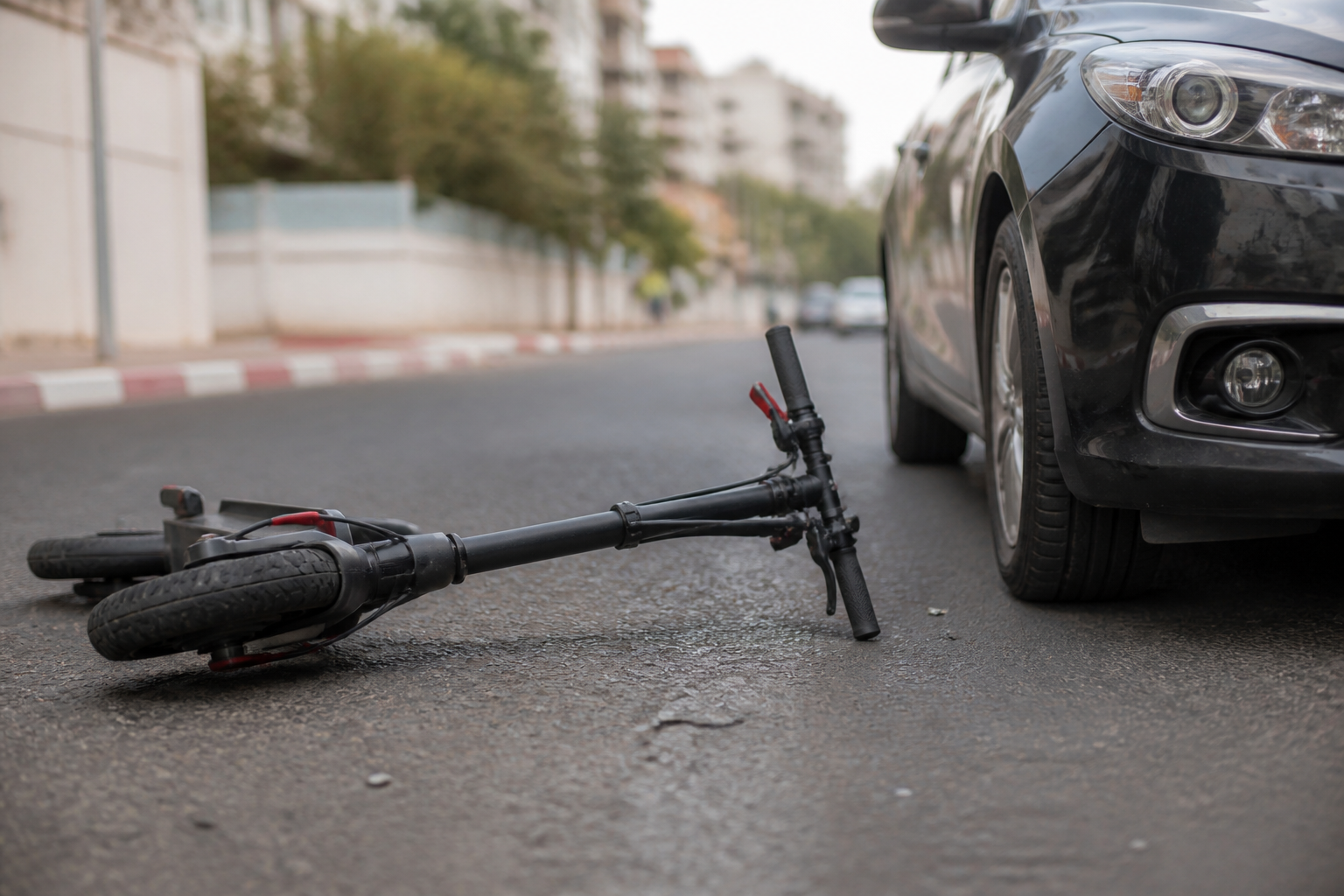 קורקינט חשמלי מוטל על הכביש לאחר תאונה עם רכב - מי משלם על הנזק