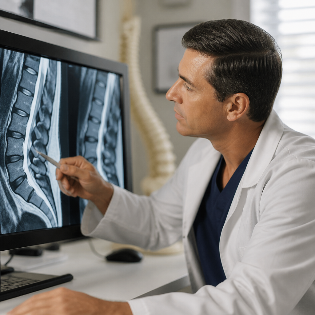 רופא אורתופד מצביע על צילום MRI של עמוד שדרה - פגיעת גב בתאונת דרכים