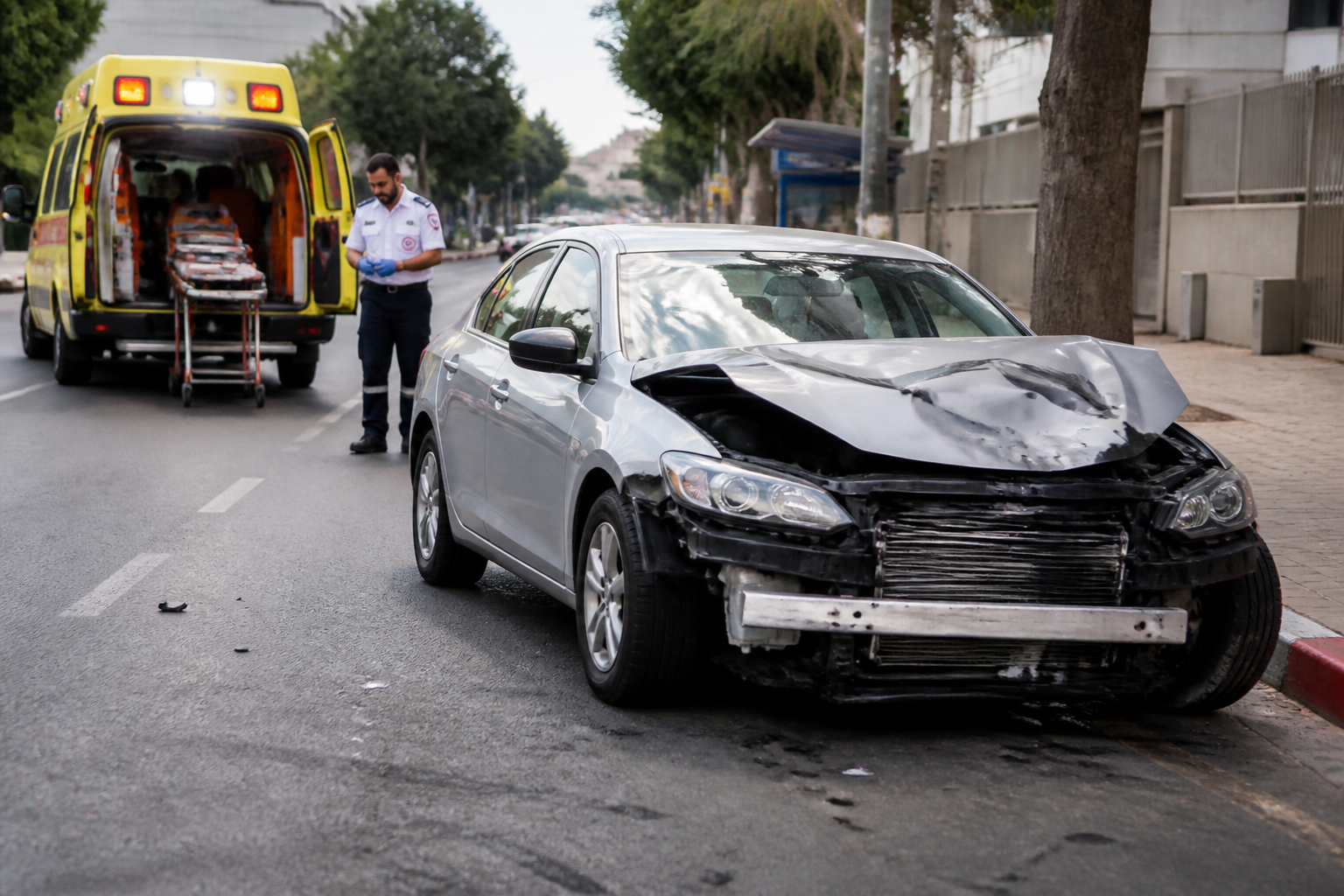 זירת תאונת דרכים ברחוב עירוני עם רכב פגוע ואמבולנס ברקע - עורך דין תאונת דרכים לנזקי גוף