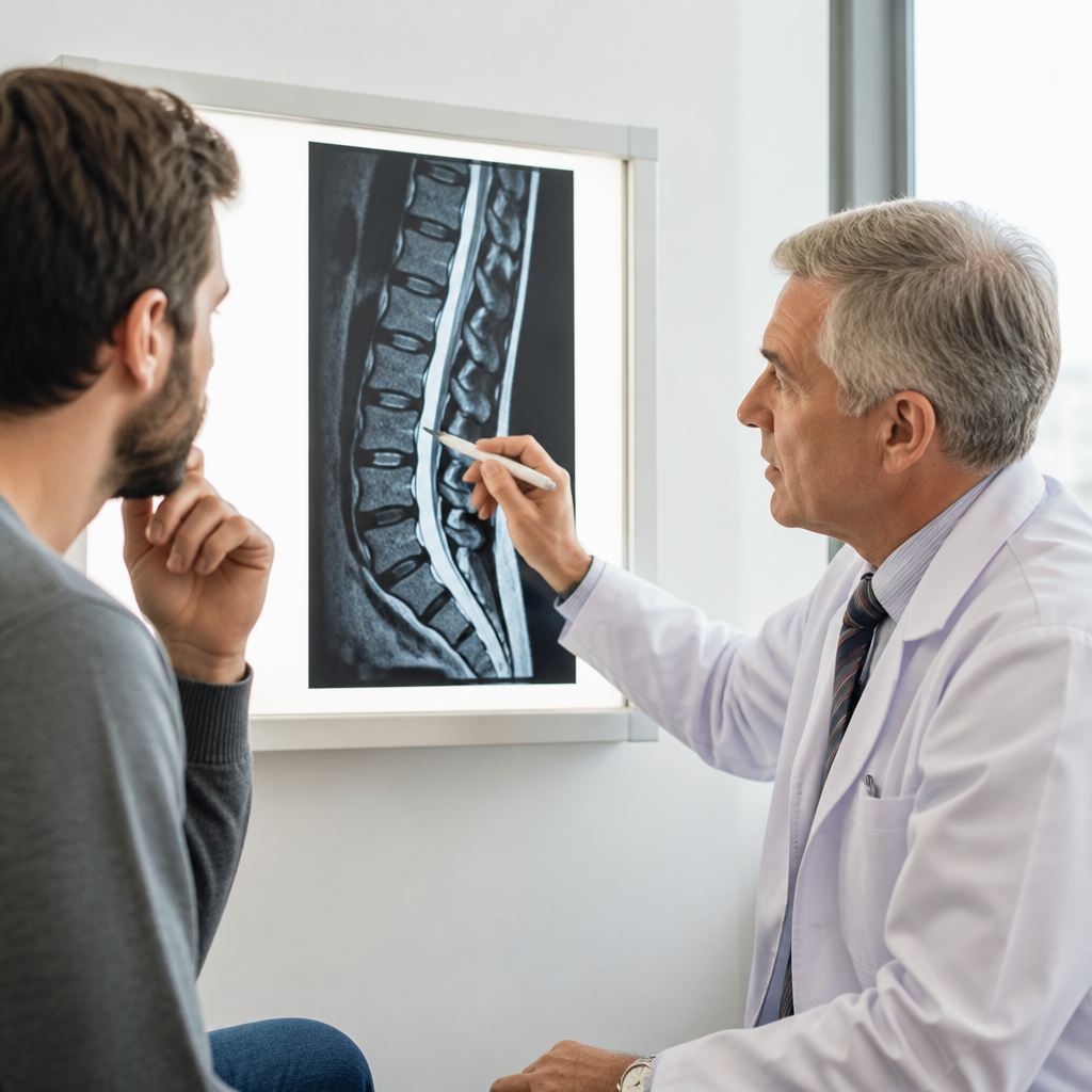 רופא מסביר צילום MRI של עמוד שדרה למטופל — אבחון בלט דיסק מתאונת דרכים