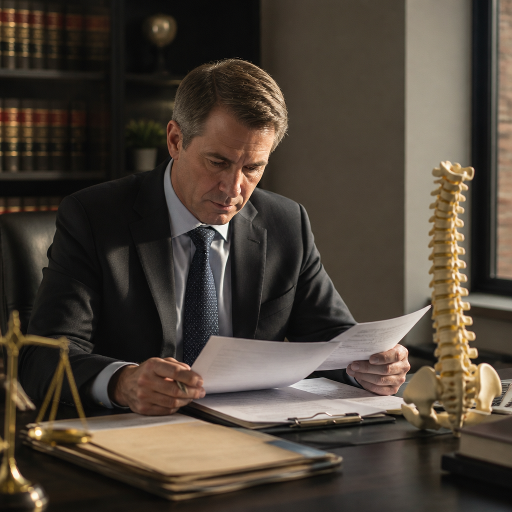 עורך דין בוחן מסמכים רפואיים ודגם עמוד שדרה — תביעת פיצויים על בלט דיסק בתאונה