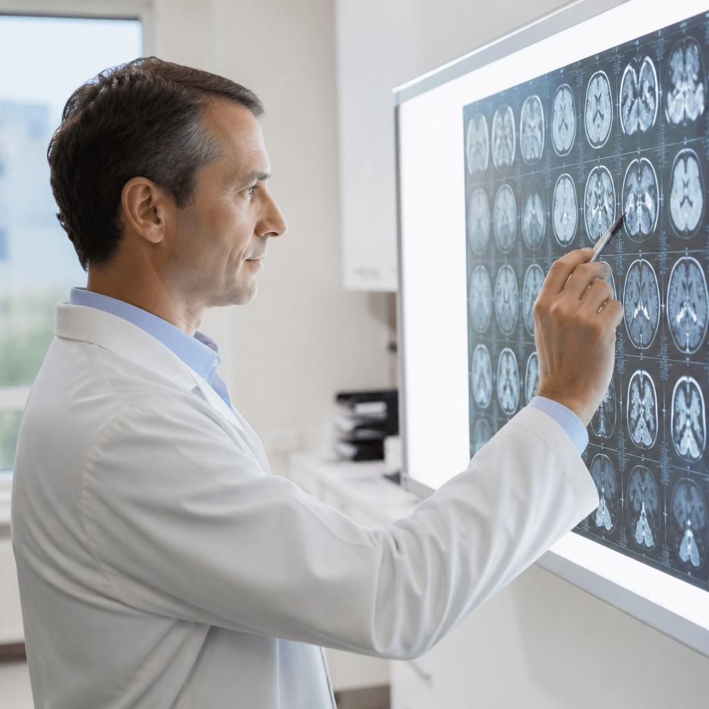 נוירולוג בוחן צילומי MRI של המוח במרפאה לאבחון פגיעה קוגניטיבית לאחר תאונת דרכים