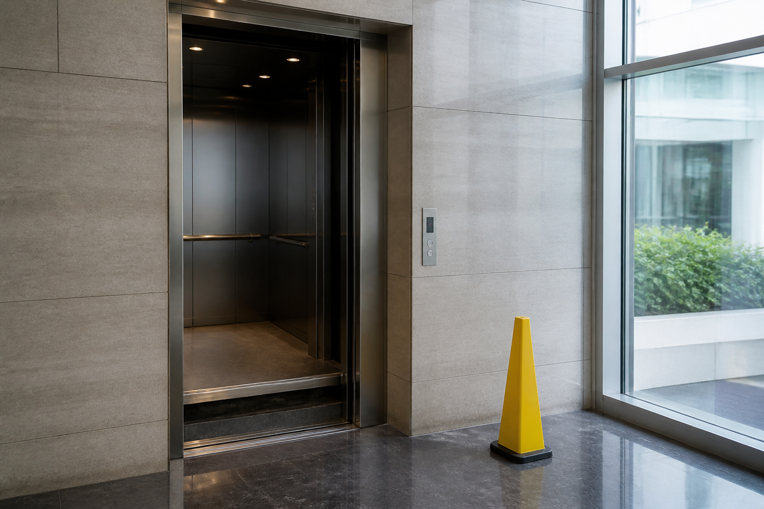דלתות מעלית פתוחות עם פער בין תא המעלית לרצפת הקומה בלובי בניין – נפילה במעלית ופיצויים