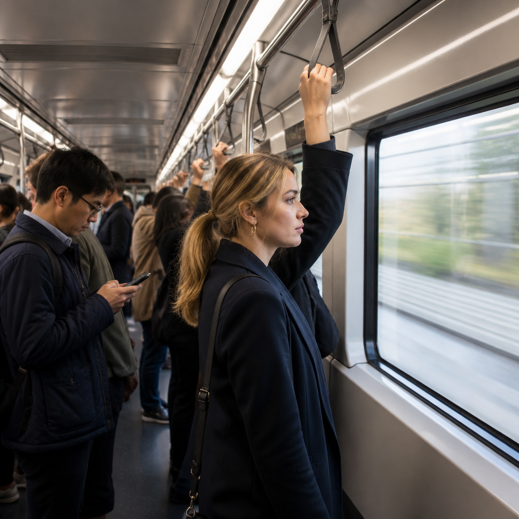 נוסעים עומדים ואוחזים במאחזי יד בקרון רכבת בנסיעה - סיכון לנפילה ופציעה