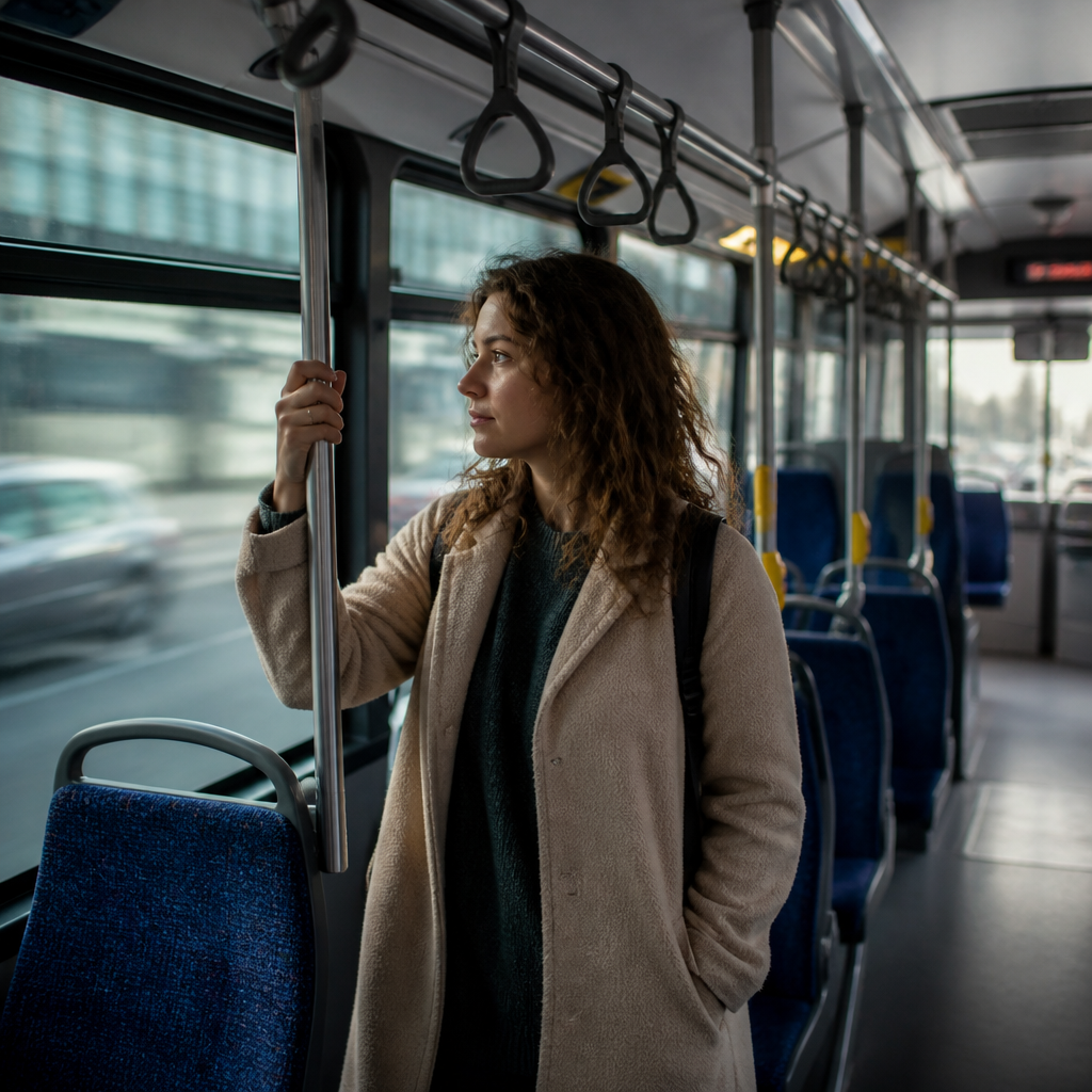נוסעת נאחזת במוט בתוך אוטובוס בנסיעה – סיכון לנפילה ולנזקי גוף בתאונת אוטובוס