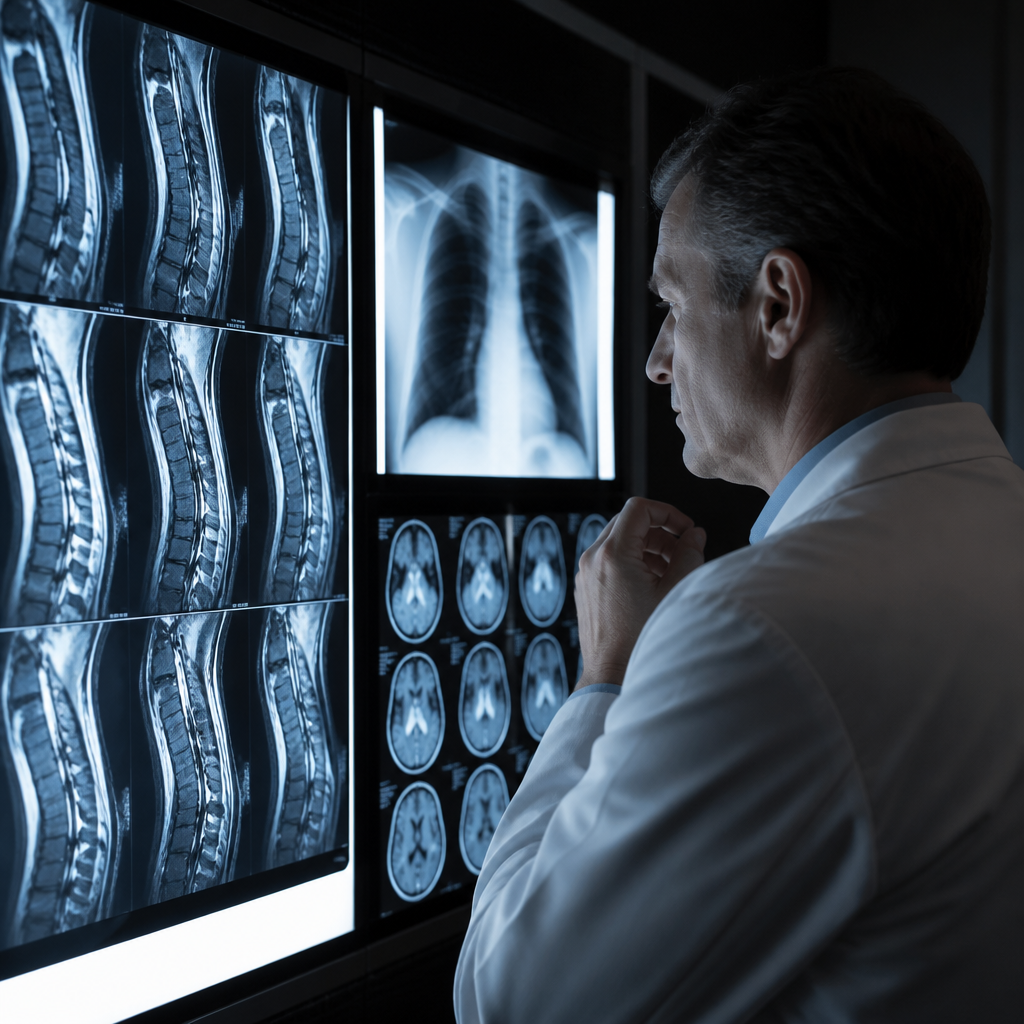 מומחה רפואי בוחן צילומי MRI על לוח תאורה לצורך קביעת נכות בתביעת נזקי גוף