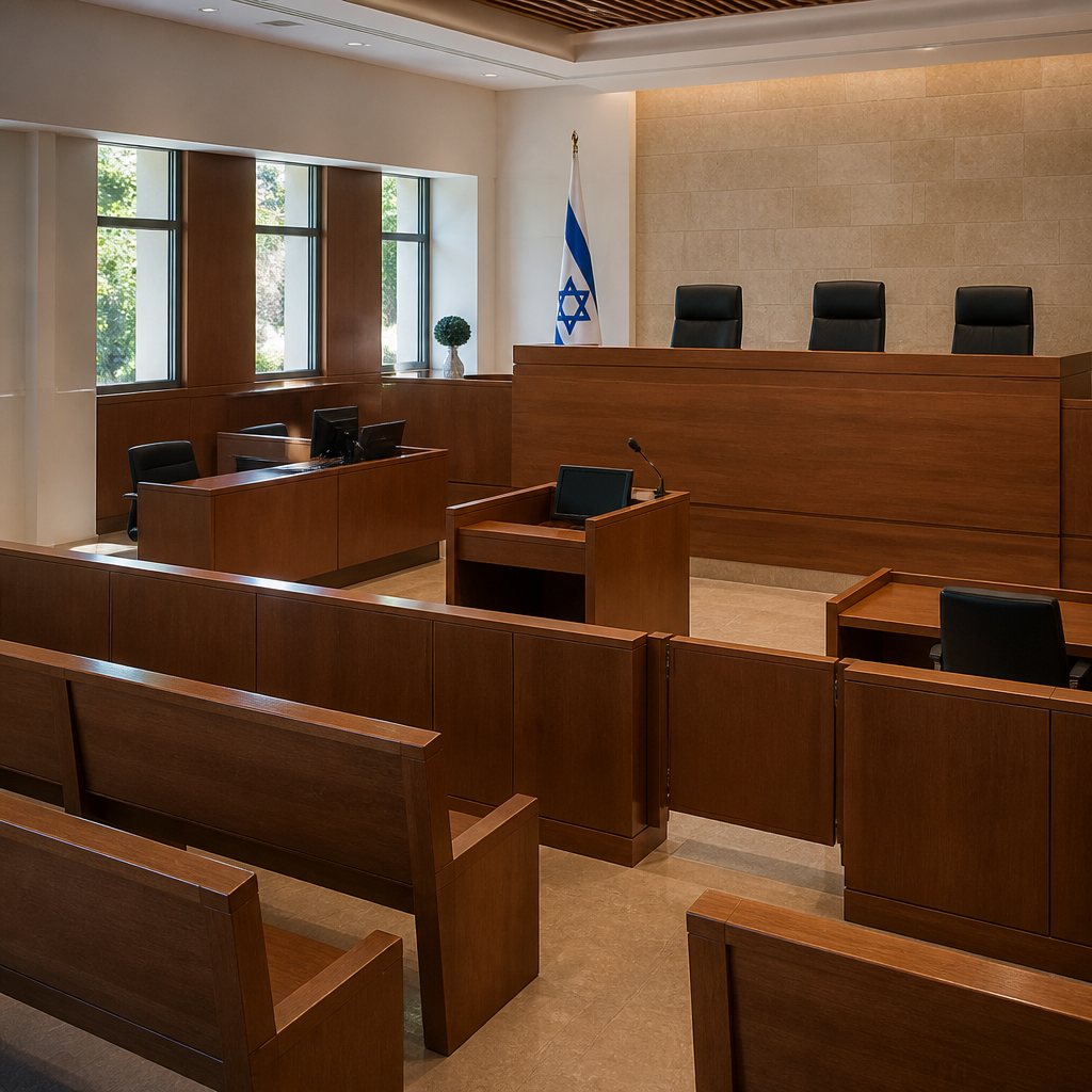 אולם בית משפט ריק עם ספסלי עץ – הגשת תחשיב נזק מטעם התובע לבית המשפט
