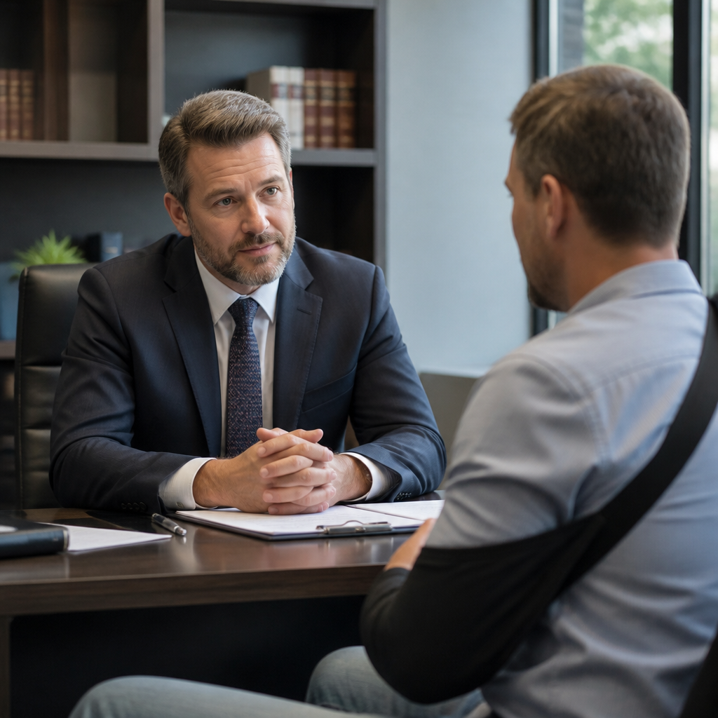 עורך דין נזקי גוף בפגישת ייעוץ עם נפגע תאונת דרכים עם יד בקיבוע - מיצוי זכויות הולך רגל שנדרס