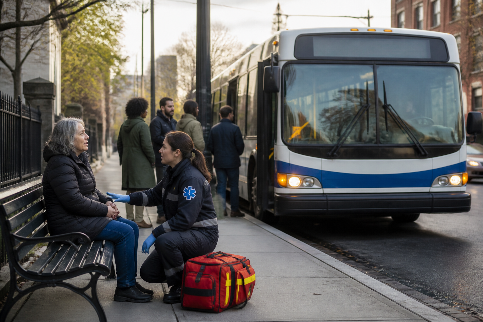 אוטובוס עירוני עומד בצד הכביש ונוסעת מקבלת סיוע – עורך דין תאונת אוטובוס