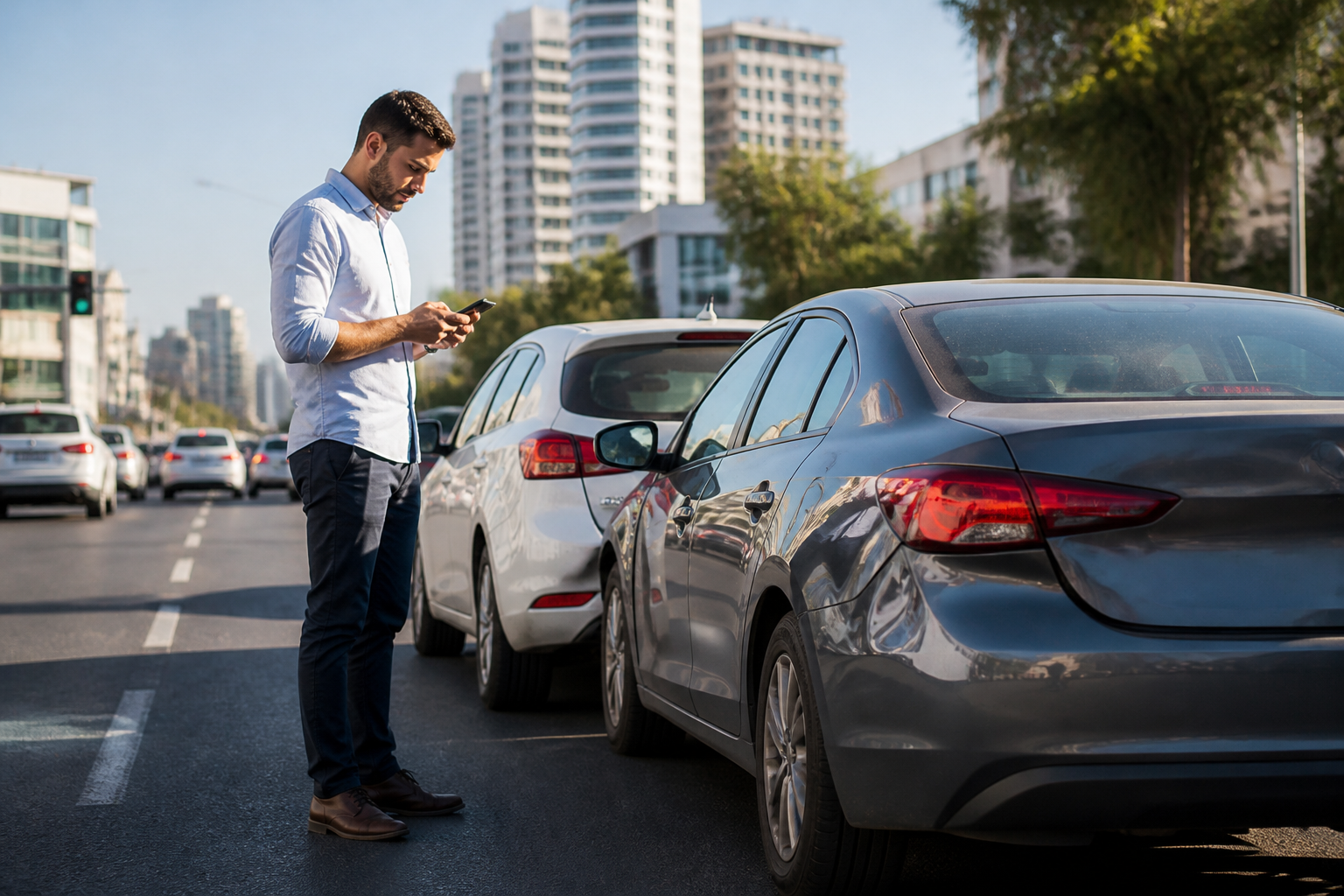 שני רכבים אחרי התנגשות קלה בפקק בוקר – תאונה בדרך לעבודה ללא ביטוח חובה