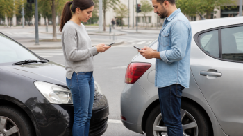 שני נהגים מחליפים פרטים אחרי פגיעה קלה בצומת — מה עושים במקרה של תאונה קלה בשעות הראשונות