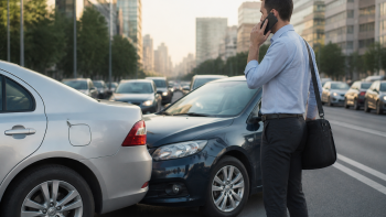 עובד בבגדי עבודה ליד רכבו לאחר תאונה בשעת בוקר – עורך דין תאונת דרכים בדרך לעבודה