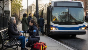 אוטובוס עירוני עומד בצד הכביש ונוסעת מקבלת סיוע – עורך דין תאונת אוטובוס
