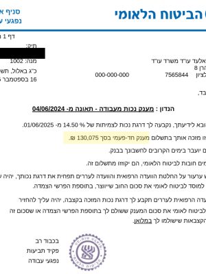 מענק נכות מעבודה בסך 130,075 ₪ מביטוח לאומי – הצלחת משרד עו"ד אלעד גואטה